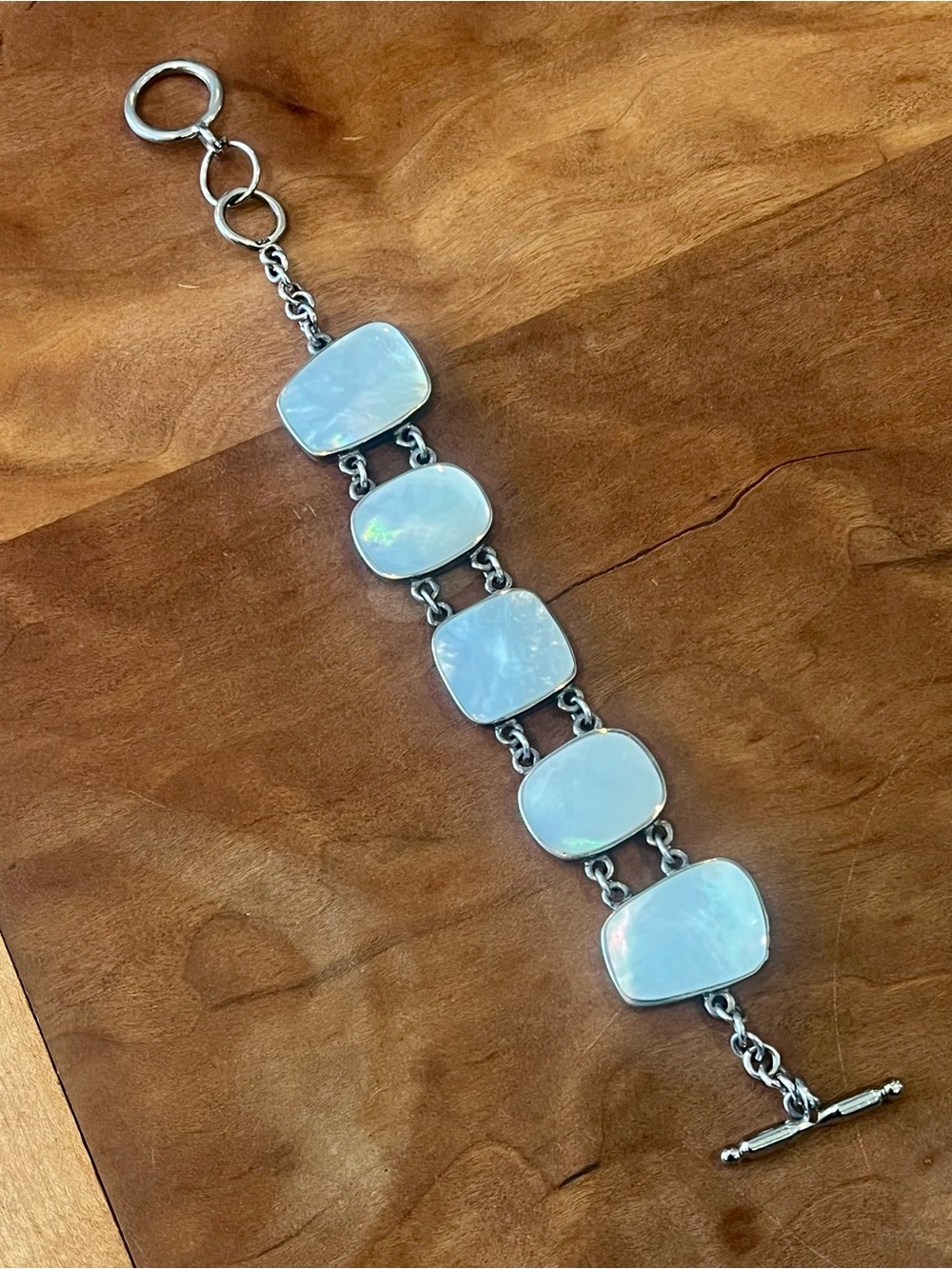 ✨925 Sterling Silver Mother of Pearl Cushion Cabochon Link Bracelet Toggle Clasp